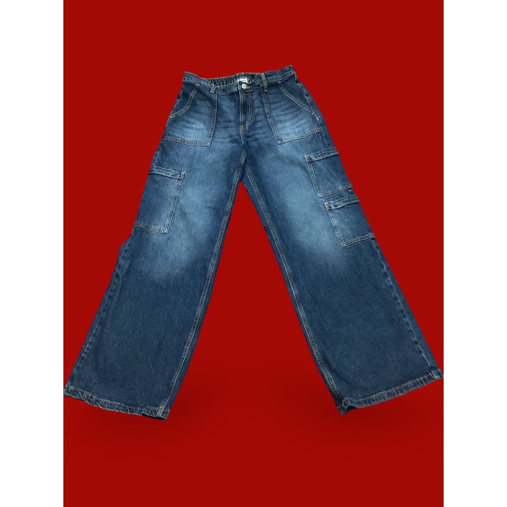No Boundaries Womens Medium Wash Wide Leg Cargo Jeans Size M 8-10 Elastic Waist